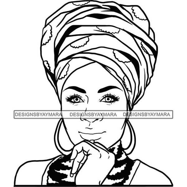 Afro Woman SVG Turban Head Wrap Scarf Headscarf Nubian Queen Melanin Popping Female Lady Hairstyle PNG Vector Clipart Cricut Cut Cutting