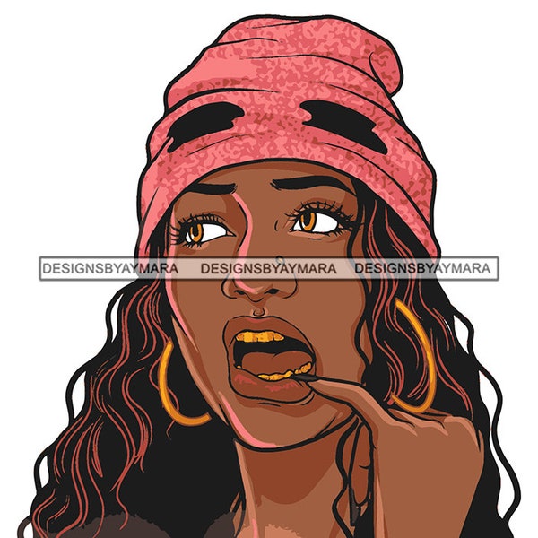 Nubian Gangster Gangsta Diva Ghetto Girl Melanin Winter Hat Gold Teeth Black Latina SVG JPG PNG Vector Clipart Silhouette Cricut Cut Cutting