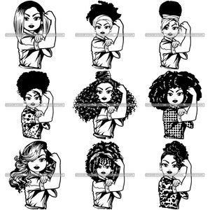 Bundle 9 Afro Lola Flexing SVG Strong Woman Power We Can Do It Melanin Queen Nubian Lady JPG PNG Vector Clipart Cricut Cricut Cut Cutting