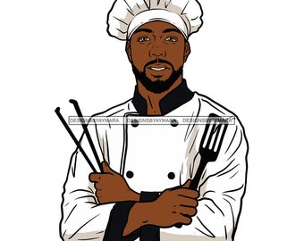 Afro Black Man Chef Kitchen Culinary Male Cooking Cook Cuisine Gourmet SVG JPG PNG Vector Clip Art Silhouette Layered Cricut Cut Cutting