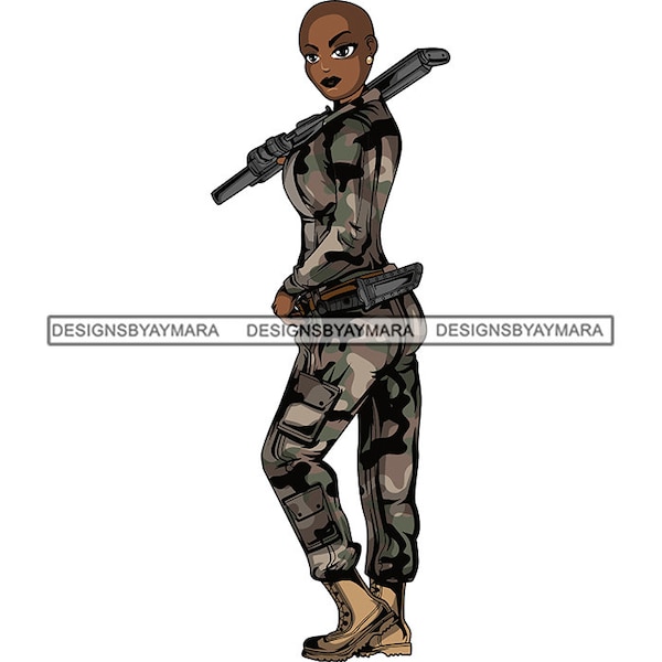 Afro Lola Woman Warrior Military Army Soldier Camouflage USA Uniform Marine Patriotic  SVG Jpg PNG Vector Clipart Cricut Cricut Cut Cutting