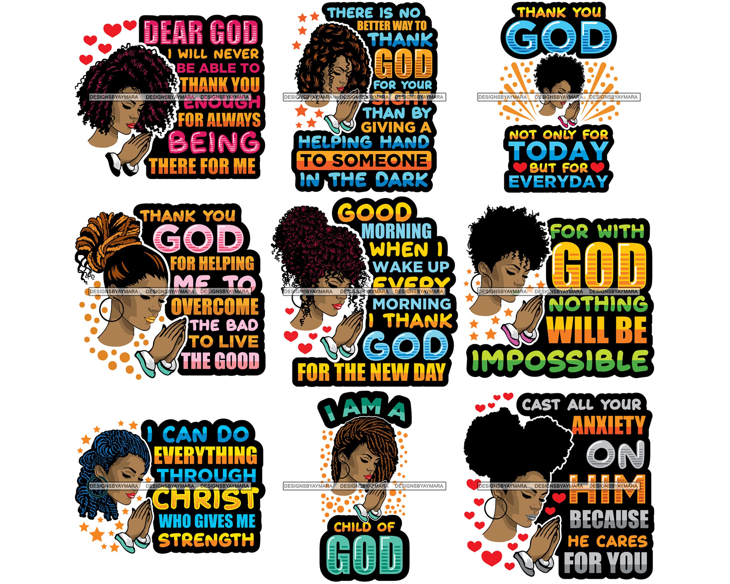 Bundle 9 Afro Woman God Quotes Lord Prayer Asking Begging Pray Religion Faith Church Nubian Lady SVG PNG Vector Clipart Cricut Cut Cutting