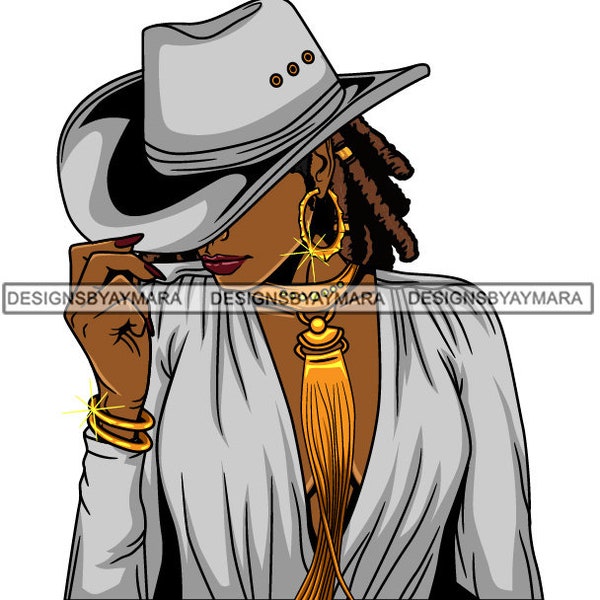 Afro Cute Lola Cool Cowboy Hat Swag Black Woman Bamboo Earrings Ebony Nubian Melanin SVG JPG PNG Vector Clipart Silhouette Cricut Cutting