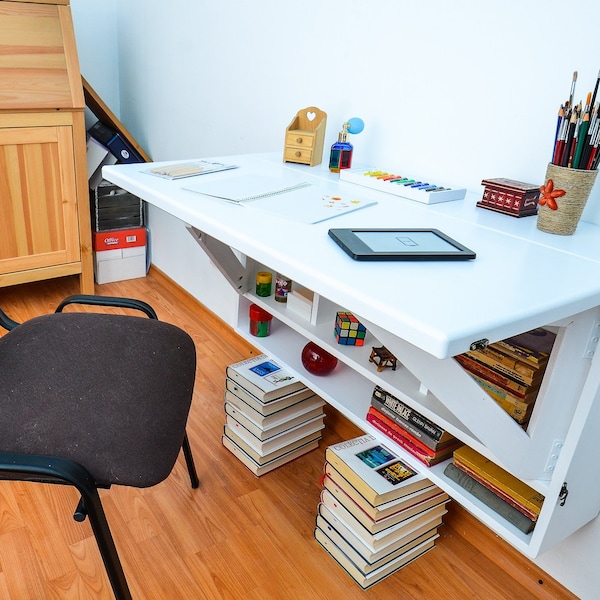 TYPE II Handmade Floating Desk | Wall Mounted | Real Solid Wood | Custom Colors | High Quality Pine | Drop Down Design | Storage and shelves