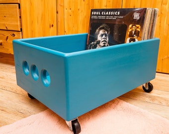 TURQUOISE LP STORAGE |  Rolling Vinyl Crate |  Record Box with Casters | Fits 150 12inch Albums | Wooden Handmade Holder | Home Hi-Fi Decor
