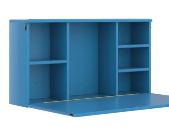 May include: A blue wall-mounted desk with multiple storage compartments. The desk features a drop-down work surface and open shelving. The desk is painted in a solid blue color and has a simple, modern design.