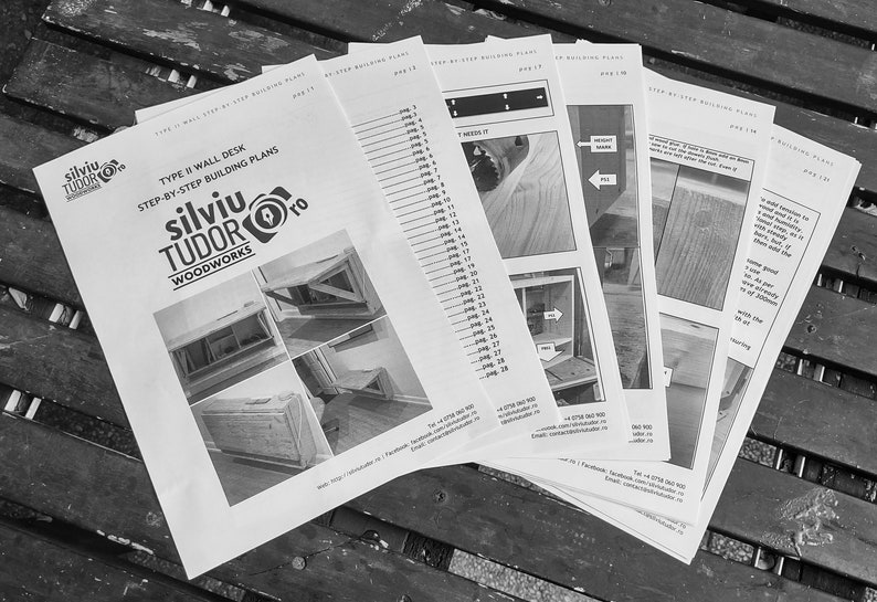 May include: Black and white photo of a set of instructions for building a wall desk. The instructions are titled "Type II Wall Desk Step-by-Step Building Plans" and feature the logo "silviu TUDOR WOODWORKS".
