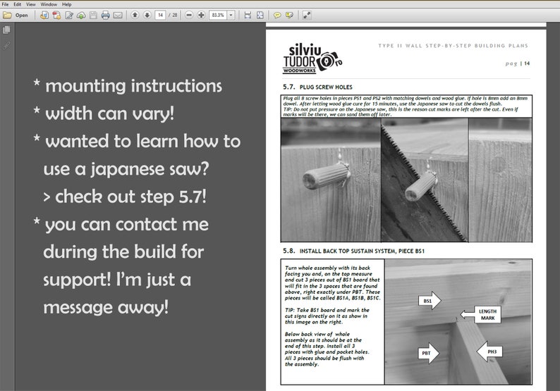 May include: A black and white image of a woodworking project with instructions on how to install a back top sustain system. The instructions include a diagram of the system and a list of steps to follow. The text in the image reads "Type II Wall Step-by-Step Building Plans, pg 134, Install Back Top Sustain System, Piece BS1".