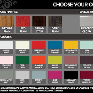 May include: A color chart showing different wood stain and paint colors for furniture. The chart includes natural, medium, red, brown, and dark stains, as well as a variety of solid matte colors, including white, pink, green, orange, turquoise, yellow, and blue. The chart also includes two special finishes: hi-fi grey glossy and hi-fi black glossy.