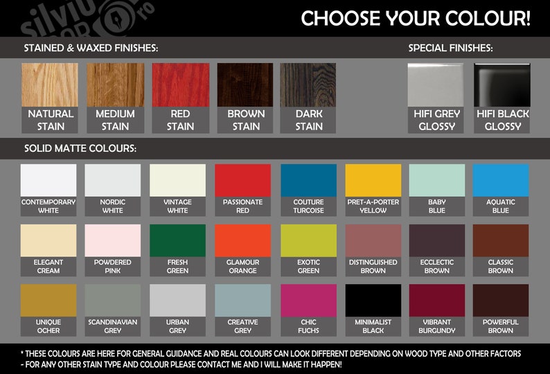 May include: A color chart showing different wood stain and paint colors for furniture. The chart includes natural, medium, red, brown, and dark stains, as well as a variety of solid matte colors, including white, pink, green, orange, turquoise, yellow, and blue. The chart also includes two special finishes: hi-fi grey glossy and hi-fi black glossy.