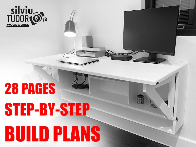May include: A white folding wall-mounted desk with a laptop, monitor, and other electronics on top. The desk has a shelf underneath for storage. The text "28 PAGES STEP-BY-STEP BUILD PLANS" is written in red on the image.