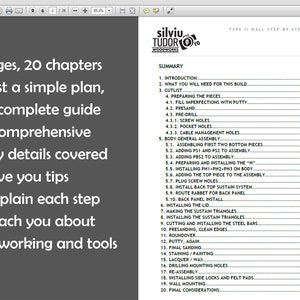 May include: A black and white document with the title "Type II Wall Step-by-Step Building Plans" and a summary of the 28 pages and 20 chapters included in the guide. The document lists the steps involved in building a wall, including preparing the pieces, assembling the body, installing the top piece, and final considerations.