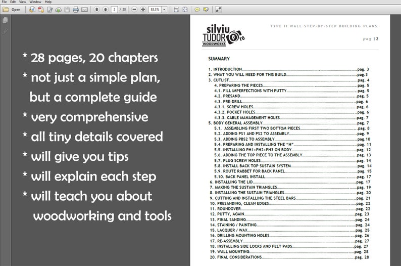 May include: A black and white document with the title "Type II Wall Step-by-Step Building Plans" and a summary of the 28 pages and 20 chapters included in the guide. The document lists the steps involved in building a wall, including preparing the pieces, assembling the body, installing the top piece, and final considerations.