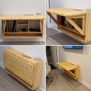 May include: A wooden folding wall-mounted desk with shelves. The desk is made of natural wood and has a simple design. It is folded up against the wall in one image and unfolded in another image.