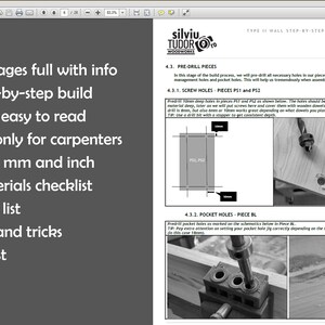 May include: A black and white image of a page from a woodworking guide. The page includes instructions for pre-drilling holes in wood pieces for building projects. The text includes the terms "screw holes", "pocket holes", and "pieces PS1 and PS2".