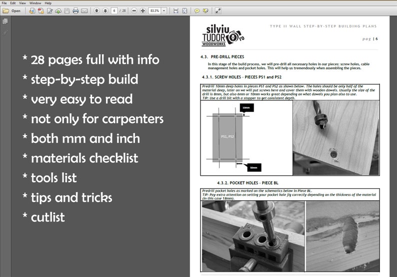 May include: A black and white image of a page from a woodworking guide. The page includes instructions for pre-drilling holes in wood pieces for building projects. The text includes the terms "screw holes", "pocket holes", and "pieces PS1 and PS2".