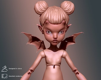3d model BJD  demon doll with wig and wings STL  3d printing