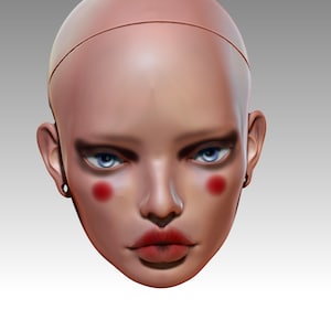 May include: A close-up of a person's face with a bald head. The person has blue eyes and red blush on their cheeks.