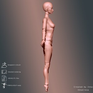 May include: A 3D model of a female figure, rendered in a light pink color. The model is designed for 3D printing and is ready for FDM, SLA, and DLP printing.