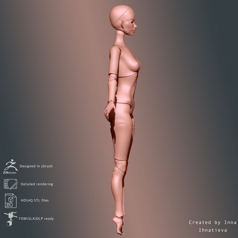 May include: A 3D model of a female figure, rendered in a light pink color. The model is designed for 3D printing and is ready for FDM, SLA, and DLP printing.