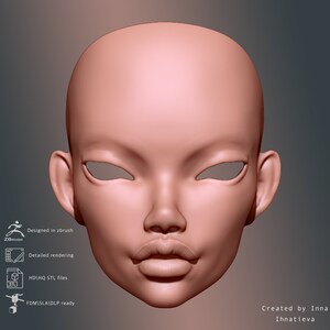 May include: A 3D model of a female face with a neutral expression. The model is rendered in a light pink color and has detailed features, including eyes, nose, lips, and ears. The model is designed for 3D printing.