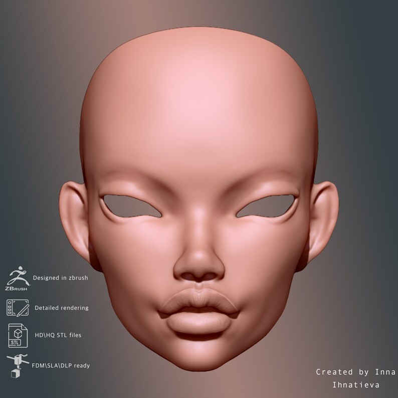 May include: A 3D model of a female face with a neutral expression. The model is rendered in a light pink color and has detailed features, including eyes, nose, lips, and ears. The model is designed for 3D printing.