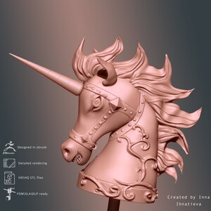 May include: A 3D printed model of a unicorn head with a detailed mane and horn. The unicorn is wearing a decorative harness with ornate details. The model is designed for 3D printing and is ready for FDM, SLA, and DLP printing.