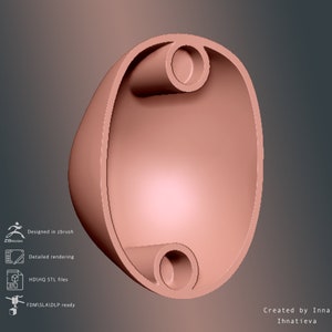 May include: A 3D model of a hollow, oval-shaped object with two circular openings. The object is a light pink color and appears to be a mold for a 3D printed object.