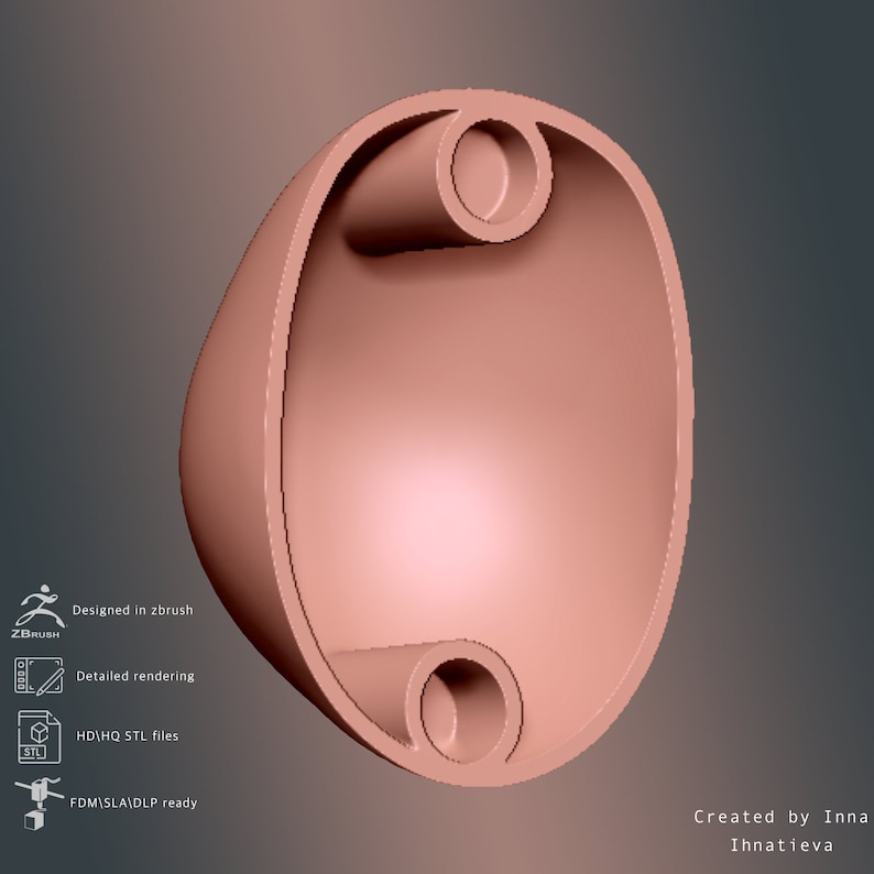 May include: A 3D model of a hollow, oval-shaped object with two circular openings. The object is a light pink color and appears to be a mold for a 3D printed object.