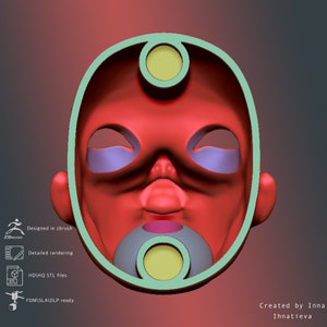 May include: A 3D printed model of a baby doll head, designed in Zbrush. The model is hollow and has a red, pink, and blue color scheme. The model is ready for 3D printing.