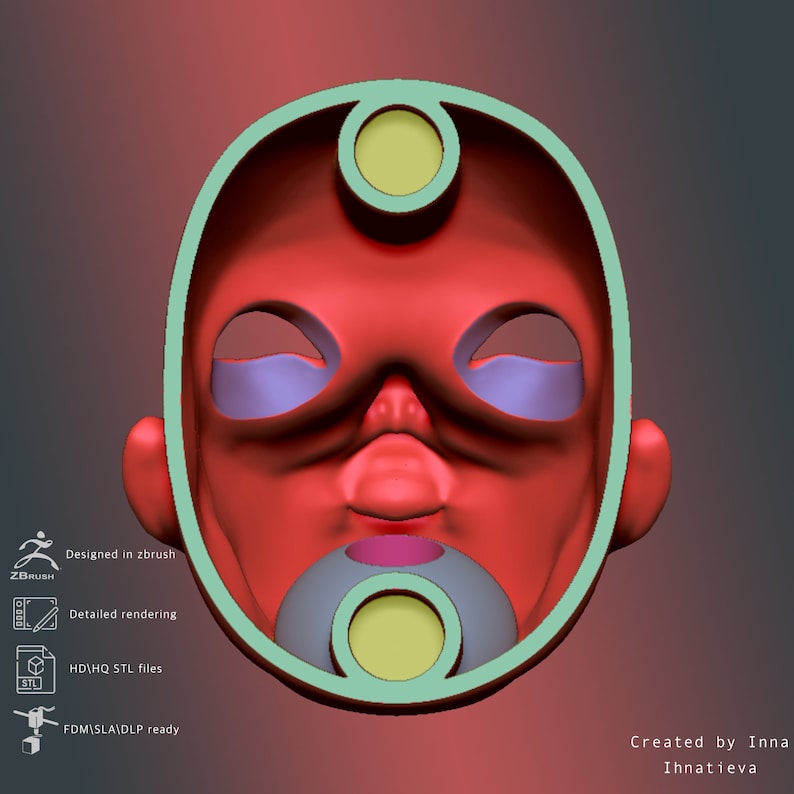 May include: A 3D printed model of a baby doll head, designed in Zbrush. The model is hollow and has a red, pink, and blue color scheme. The model is ready for 3D printing.