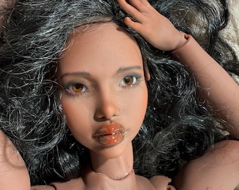 1/4  dark skin tone plus size BJD  doll + wig make up and shoes