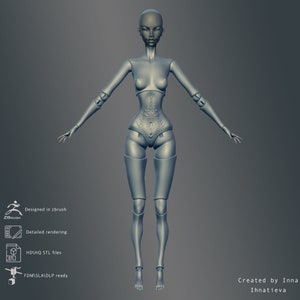 May include: A 3D model of a female doll with a detailed design. The doll is posed with arms outstretched and has a detailed face and body. The model is designed for 3D printing.