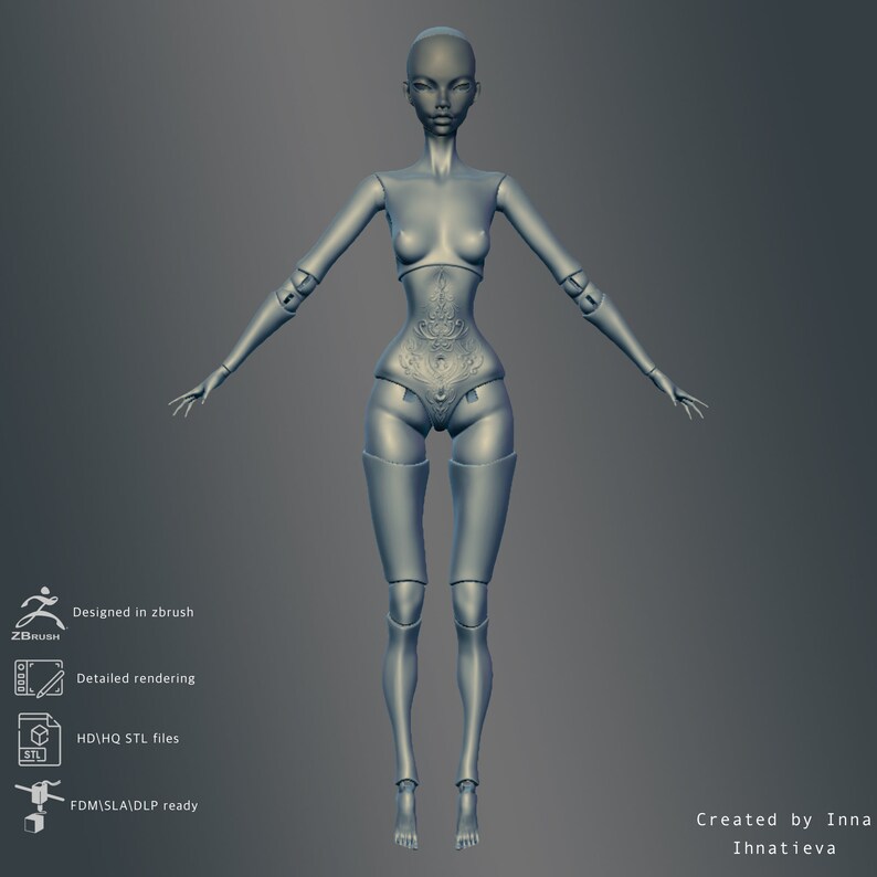 May include: A 3D model of a female doll with a detailed design. The doll is posed with arms outstretched and has a detailed face and body. The model is designed for 3D printing.