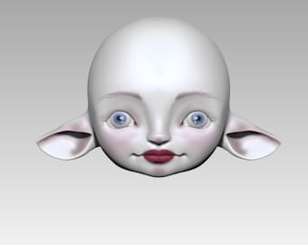 Könnte beinhalten: Ein 3D-gerendertes, stilisiertes Gesicht mit einem großen, glatten, weißen Kopf, großen blauen Augen und kleinen, spitzen Ohren. Das Gesicht hat eine kleine Nase, rote Lippen und rosige Wangen. Der Hintergrund ist einfarbig hellgrau.