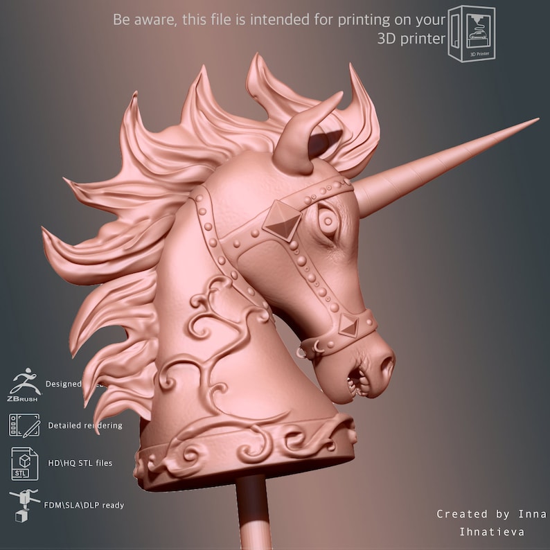 May include: A 3D printed model of a unicorn head with a detailed design. The unicorn is pink and has a gold horn and bridle. The model is ready to be printed on a 3D printer.
