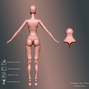 May include: A 3D printed model of a female doll with a detailed design. The doll is posed standing with arms outstretched. The model is printed in a light brown color and is ready for 3D printing.