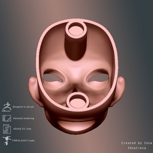 May include: A 3D printed doll head mold with holes for eyes, nose, and mouth. The mold is made of a light pink plastic and is ready for painting.