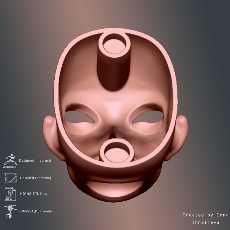 May include: A 3D printed doll head mold with holes for eyes, nose, and mouth. The mold is made of a light pink plastic and is ready for painting.