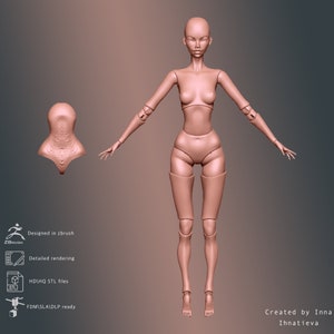 May include: A 3D model of a female doll with a detailed, realistic design. The doll is posed standing with arms outstretched. The model is rendered in a light pink color.