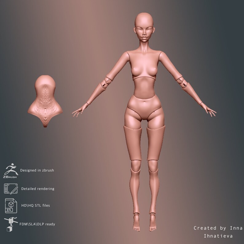 May include: A 3D model of a female doll with a detailed, realistic design. The doll is posed standing with arms outstretched. The model is rendered in a light pink color.