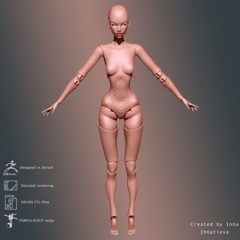 May include: A detailed 3D model of a female doll with a nude-colored body and intricate details. The doll has long, flowing hair and a delicate face with blue eyes. The model is designed for 3D printing and is ready for FDM, SLA, and DLP printing.