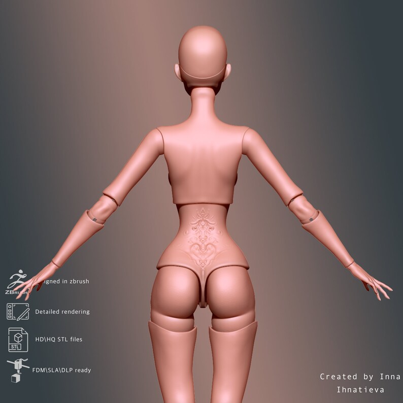 May include: A detailed 3D model of a female doll with a detailed design on the back. The model is posed with arms outstretched and is ready for 3D printing.
