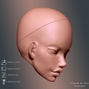 May include: A 3D printed model of a female head, sculpted in Zbrush. The model is designed for 3D printing and is ready for FDM, SLA, and DLP printing.