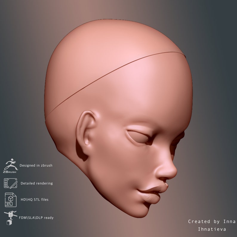 May include: A 3D printed model of a female head, sculpted in Zbrush. The model is designed for 3D printing and is ready for FDM, SLA, and DLP printing.