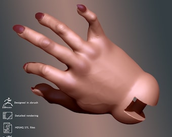 May include: A 3D printed model of a human hand with painted fingernails. The hand is posed with fingers extended and the palm facing up. The model is designed for 3D printing and is ready for FDM, SLA, and DLP printing.