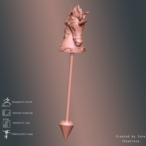 May include: A 3D printed model of a unicorn head mounted on a long, thin rod with a pointed tip. The unicorn is wearing a crown and has a detailed mane and tail.