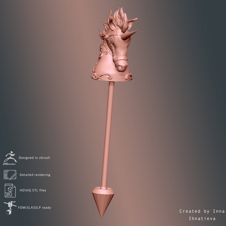 May include: A 3D printed model of a unicorn head mounted on a long, thin rod with a pointed tip. The unicorn is wearing a crown and has a detailed mane and tail.