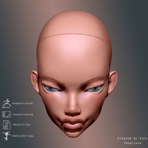 May include: A 3D model of a female face with a neutral expression. The model is designed in Zbrush and is ready for 3D printing.