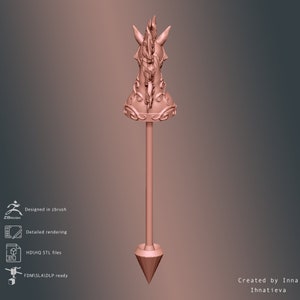 May include: A 3D printed model of a dragon head spear topper. The dragon head is detailed with scales and horns. The spear is long and slender with a pointed tip.